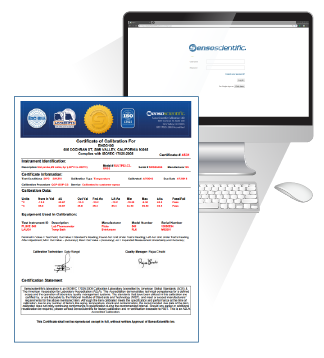 Un certificat d'étalonnage avec un ordinateur en arrière-plan montrant l'écran du portail SensoScientific