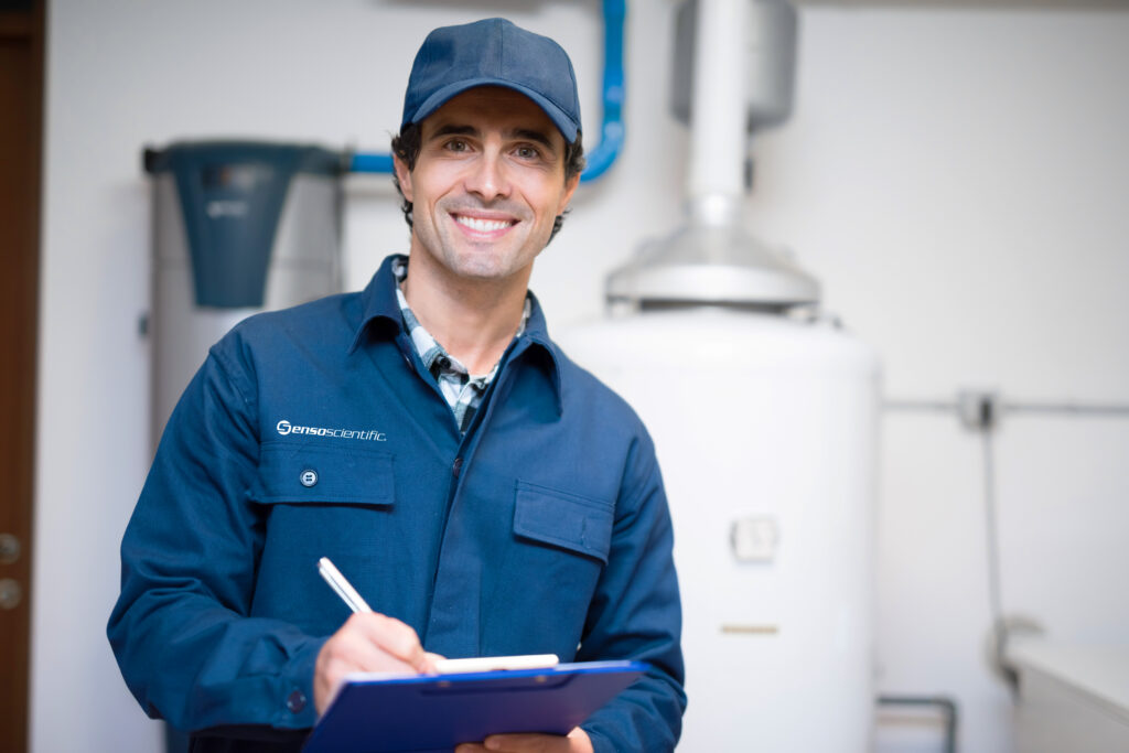 A man in a blue SensoScientific technical support outfit holding a clipboard while looking at the camera and smiling